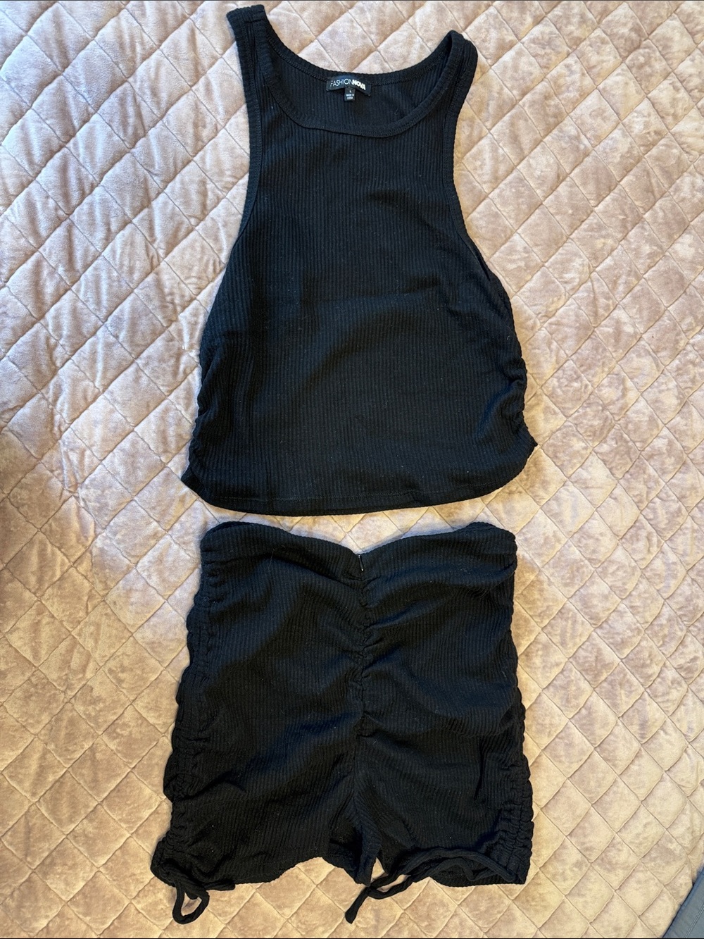 Fashion Nova Black Ribbed Tank & Ruched Shorts Set